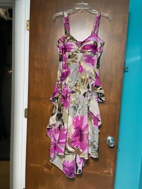 Signature by Robbie Bee Pink Floral High-Low Ruffle Dress with Gold Accents